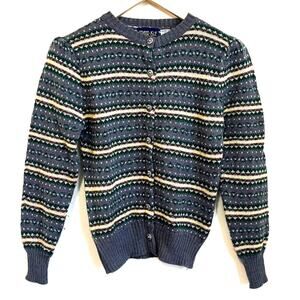 Vintage Grand Isle Nordic‎ Womens Cardigan Sweater Size L Gray Fair Isle Cabin